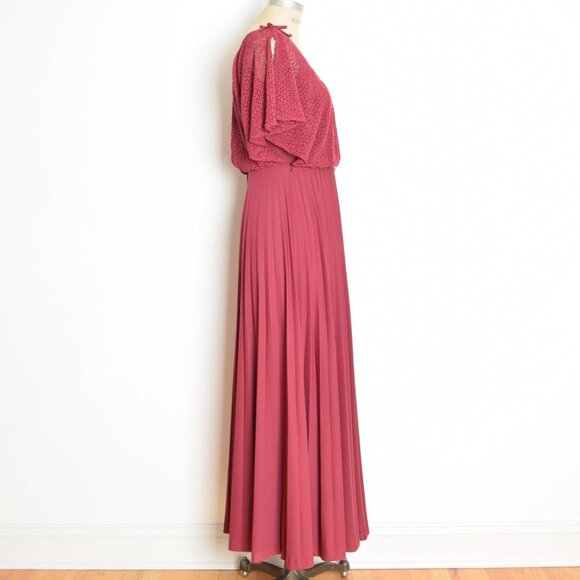 vintage 70s prom dress burgundy crochet lace flutter draped pleated long maxi XS - Picture 5 of 11